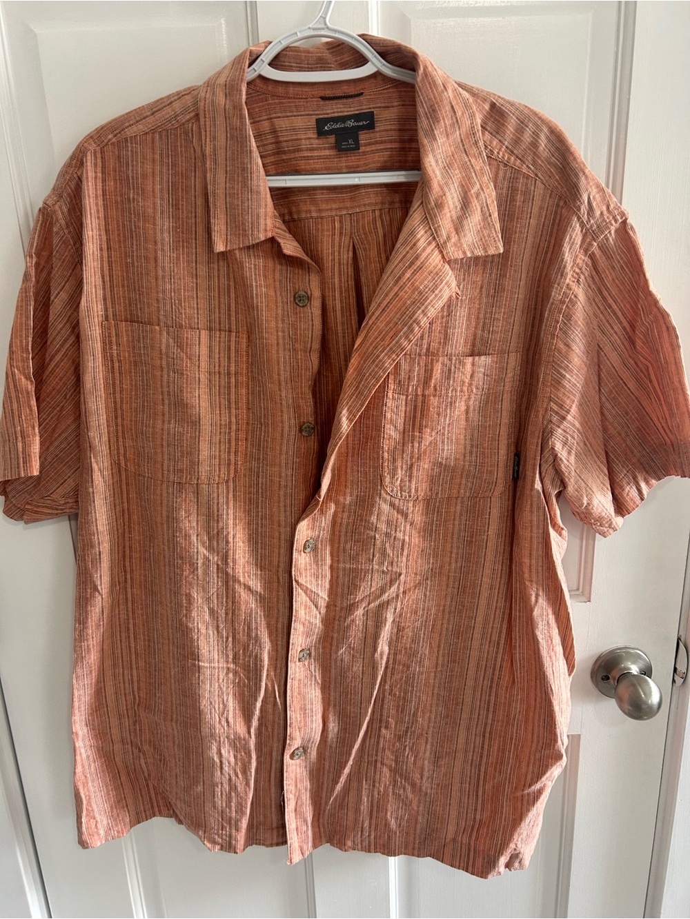 Eddie Bauer Striped Short-Sleeve Button-Down Shirt in Rust Orange